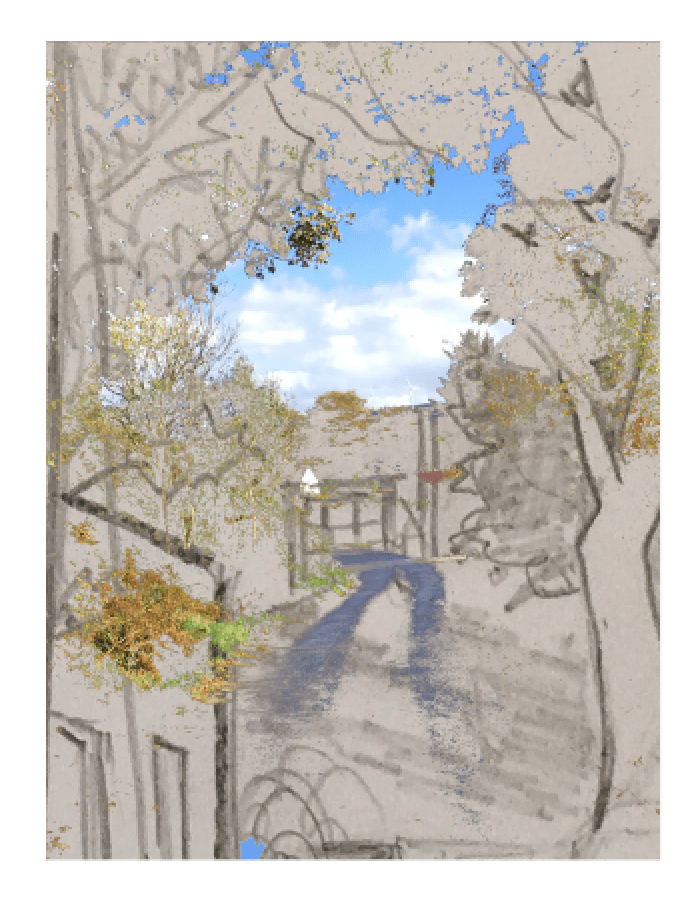 Enlarged part of a sketch with an image of sunny October sky.